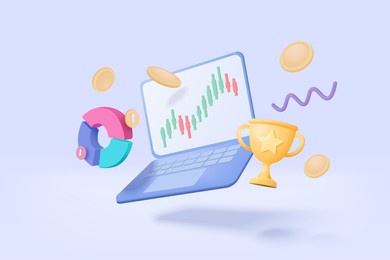 3d online trading with laptop on blue background. notebook using funding business graph on computer with money coin and gold cup concept. 3d vector trading for business investment render illustration