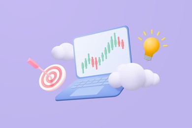 3d online trading with laptop on blue background. notebook using funding graph on computer with arrow hit center and light bulb concept. 3d vector trading for business investment render illustration