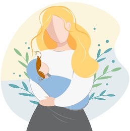 mom and child. mothers day. tender mother and son or daughter. motherhood, love and tenderness. greeting card, banner, poster for breastfeeding day. vector design in flat style with decorative leaves.