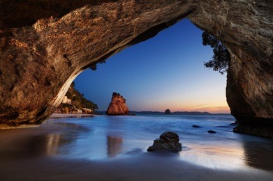cathedral cove at sunrise, coromandel peninsula, new zealand