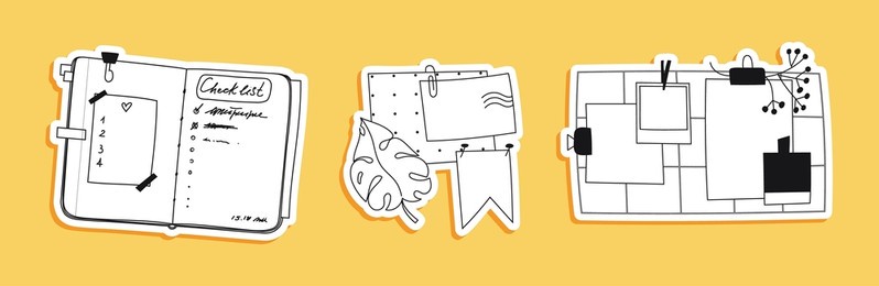 vector stickers notebook, postcard and rack. doodle memo notes with scotch tape piece of paper isolated. wall photo grid with monstera leaf, flowers. hand-drawn flag, polka-dot card, photos.