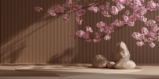 japanese style decorative product background. nature light podium and cherry blossom with brown background for product presentation. 3d rendering illustration.