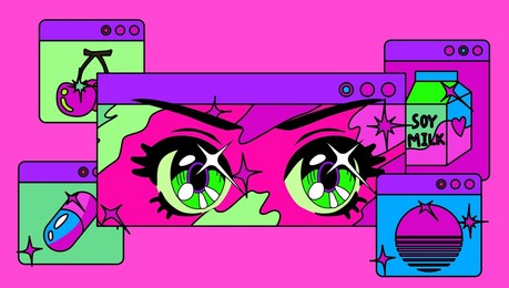 vaporwave the 90's like style collage with user interface elements and cartoon anime illustrations.
