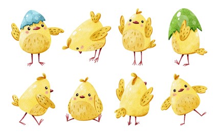 set of 8 watercolor funny cute cartoon chickens isolated on white background for easter design, wrapping, greeting cards, packaging.