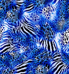 abstract leopard mixed with zebra skin seamless pattern illustration. animal composition skins fabric texture repeated on blue electric color background.