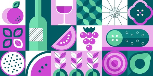 abstract food. minimalistic geometric fruits and vegetables on brutalistic banner. vector organic food illustration. modern art with bottle and glass of wine, grapes, watermelon and cucumber