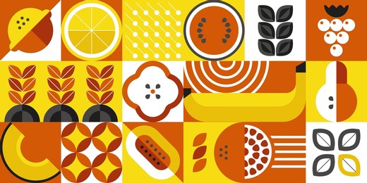 geometric food. abstract minimalistic organic food banner with brutalistic shapes and simple forms. vector illustration. modern stylish background with leaves and fruit as pear, melon and lemon