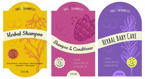 herbal baby care, shampoo and conditioner, moisturizer for soft skin and healthy hair. label for organic and natural products, sketches with flowers and raspberries ingredient. vector in flat