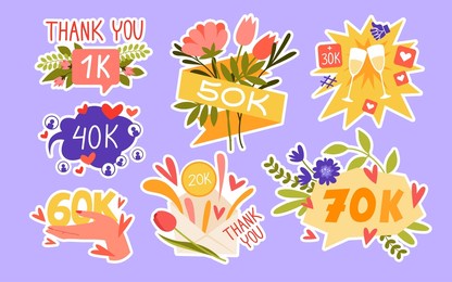 set of celebrating thousand of followers stickers. social media account, users subscription and likes, engaging content posting, influencer lifestyle cartoon vector illustration