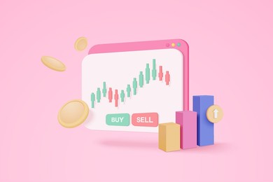 3d online trading with browser on pink background. browser using funding business graph on computer with money coin concept. 3d vector trading for business investment render illustration