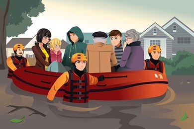 a vector illustration of rescue team helping people by pushing a boat through a flooded road