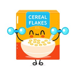 cute funny cereal flakes character dumbbells. vector hand drawn cartoon kawaii character illustration icon. isolated white background. cereal flakes character gym,emoji,child,face,adorable,kids