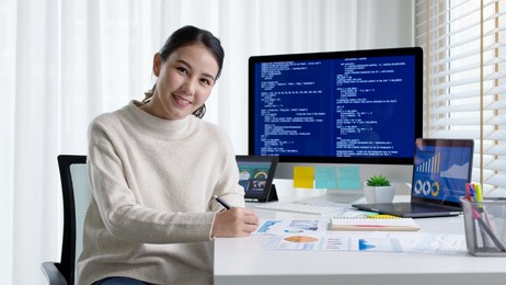 asia people mba college woman work at home office smile happy look at camera online study on laptop big data for future job career reskill upskill in workforce ai it cyber class remote virtual learn.