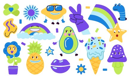 psychedelic elements. surreal fun patches, abstract funky creative art. weird groovy design, trendy 1960s pop hipster sticker. surrealism decent set