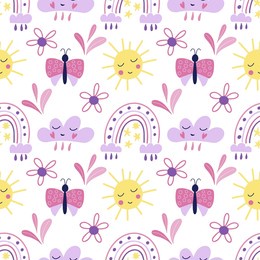 seamless pattern with cute pink butterfly, sun, flowers, clouds, rainbows on a white backfround. vector graphics for prints on childrens clothes, t-shirts, pillows, wallpapers, packaging, packages.