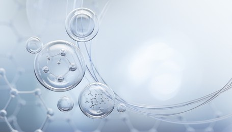 cosmetic essence liquid with molecule inside bubble, cosmetic product advertising background, 3d rendering.