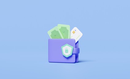 3d wallet icon with shield, credit card, dollar banknote isolated on blue background. saving money, financial business protection concept, 3d render illustration