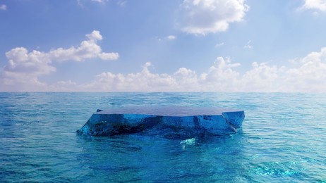 blue iceberg in ocean podium, product display ice, water and sky mock up, 3d render