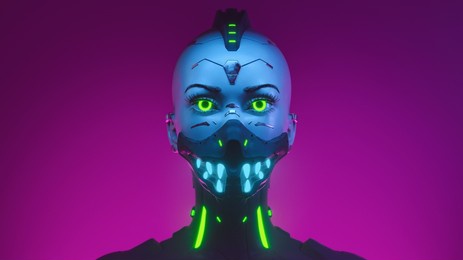 portrait of a young bald cyberpunk girl with artificial green eyes, cyber implants, metal parts on her face, wears a protective sci-fi scary mask with glowing blue teeth. 3d render on a pink backdrop.