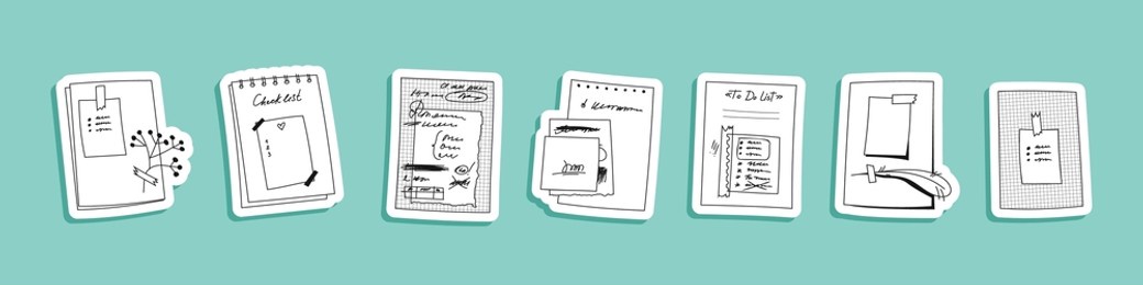 cute stickers paper sheets with notes underlined or crossed out. hand-drawn notebook pages with memory stick and sticky notes, bird feather. doodle handwriting vector illustration stickers set.