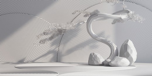 japanese style decorative product background. nature light podium and bonsai tree japanese garden with white background for product presentation. 3d rendering illustration.