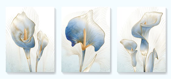 abstract art background with golden and blue calla flowers in line art style.. botanical poster with watercolor leaves in art line style for decor, design, wallpaper, packaging