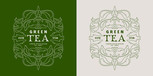 template decorative label for green tea. design with floral ornament in thin line style. vector illustration