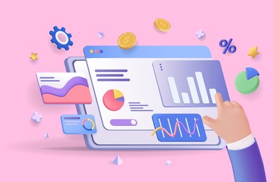 financial report chart concept 3d illustration. icon composition with dashboard with charts and graphs. business analytics, accounting, budget calculating. vector illustration for modern web design