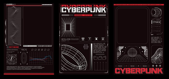 cyberpunk retro futuristic posters abstract cosmic shapes. collection of modern abstract posters in acid style. digital design elements hud style. trendy 2022 shapes in cyberpunk style. black and red