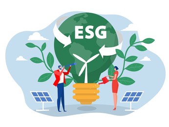 businesswoman water the plants  on earth in shape of lightbulb lamp with ecology problem esg  renewable, green, safe and long term source concept vector illustration. 