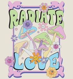 70s groovy posters, retro print with hippie elements. cartoon psychedelic landscape with mushrooms and flowers, vintage funky print vector set. illustration print with inspirational slogan typography 