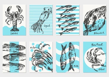 hand drawn ink sketch of seafood, fish background with blue stripes and waves. salmon, tuna, trout, sardine, anchovy, flounder, crab, lobster, octopus, squid, sea bass.