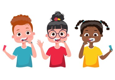 kids caring for teeth illustration. children brushing teeth. dental kids. happy baby smile. healthy teeth. hygiene. vector illustration.