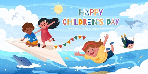 illustration of two kids riding a paper airplane and other kids soaring through the surface of ocean as celebrations for children's day