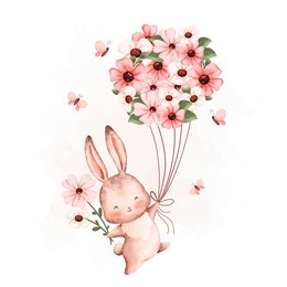 watercolor illustration rabbit and flower bouquet balloon 