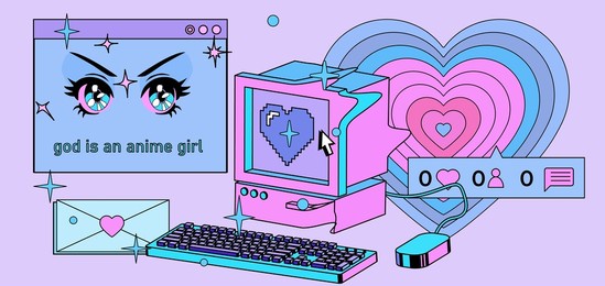 vaporwave the 90's like style collage with user interface elements and cartoon anime illustrations.