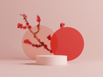 3d minimal display podiums with cherry blossom flower (sakura) background. 3d rendering of realistic presentation for product advertising. 3d minimal illustration.
