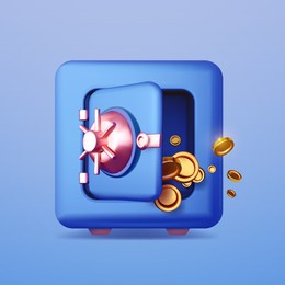 3d open safe box with flying golden coins. money protection render. frontal view. banking safety clip art