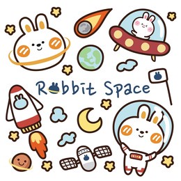 set of cute rabbit space hand drawn.galaxy concept background.character cartoon design.planets, astronauts,spaceship,moon,earth,star sticker doodle style.vector.illustration.