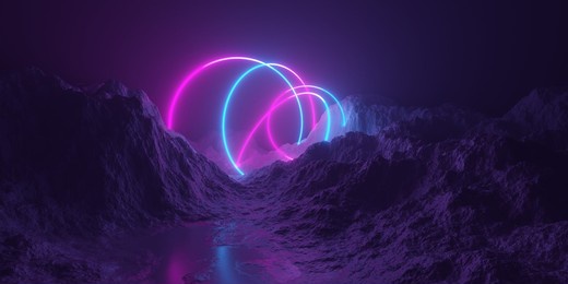 mountain terrain landscape with multiple pink and blue glowing neon light round circle frames, retro technology or futuristic alien background template, 3d illustration