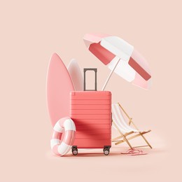 beach accessories and suitcase. preparation for summer vacation, holiday trip and essential items on pink background. concept of relax and rest. 3d rendering