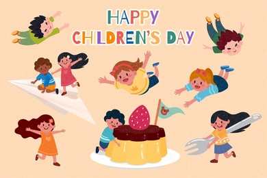elements of children in short sleeves flying, playing, and getting hungry with a text of happy children day on the top