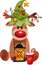 watercolor funny new year deer with fir tree, lantern and cocoa