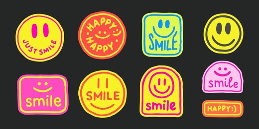 set of cool trendy hand drawn smile stickers vector design. abstract pop art patches.