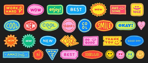 hand drawn sticker pack. set of cool vector patches. collection of trendy pop art badges. smile emoticon pins.