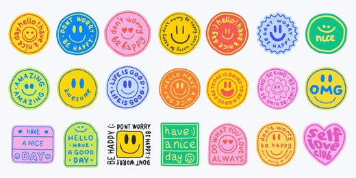 cool hand drawn stickers collection vector design. set of trendy emoticon smile patches. groovy badges.