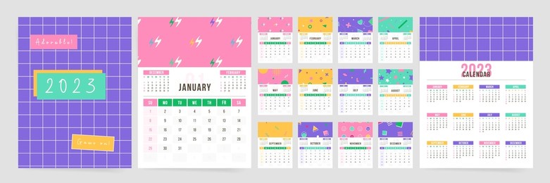 wall creative 2023 year calendar with gaming geometric pattern design. colorful vector abstract school calendar template for 12 months. monthly cute fun 2023 calendar.	