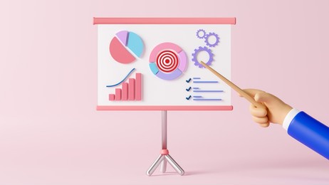 analyzing market trends and planning seo optimization, seo targeting and performance concept, businessman giving presentation, board with growth analysis, charts, statistics and data, 3d rendering