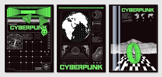 collection of modern abstract posters. in acid style, highlighted on a black background. abstract rude poster or leaflet design template or print for clothing hoodies, t-shirts. vector illustration