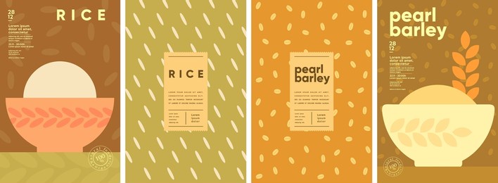 pearl barley. rice. set of vector illustrations. label design, price tag, cover design. backgrounds and patterns. 